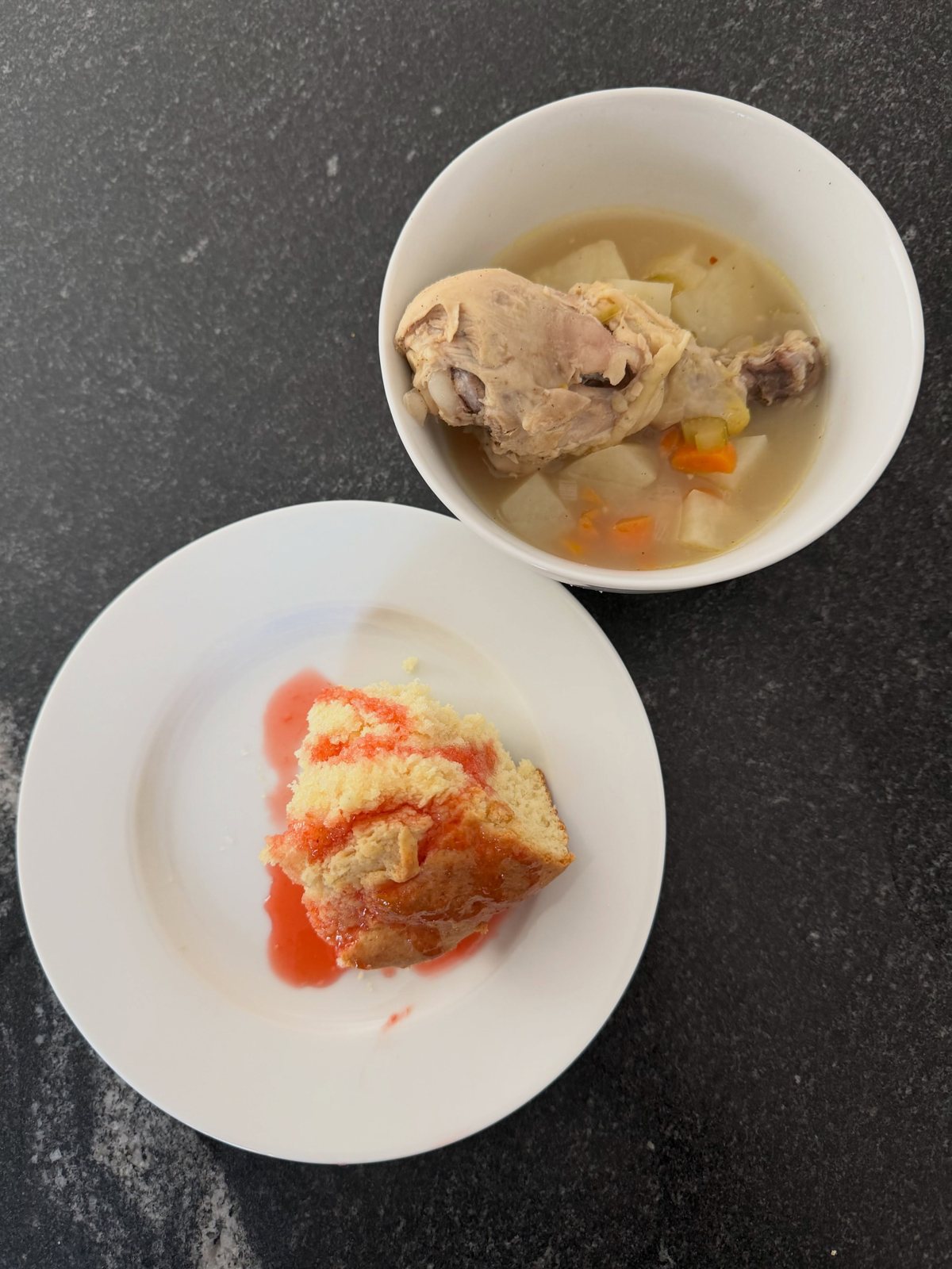Chicken souse and johnny cake from Bahamas