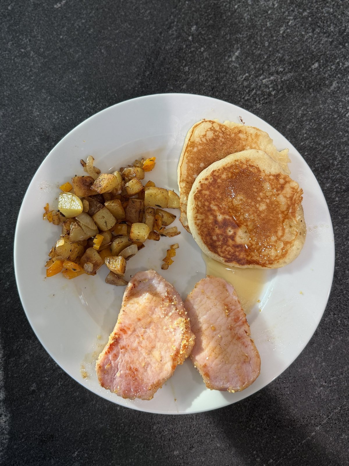 Peameal bacon, pancakes, and home fries from Canada